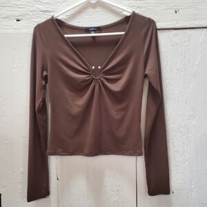 3/$18 Ambiance Brown Fitted Ruched Long Sleeve Blouse
